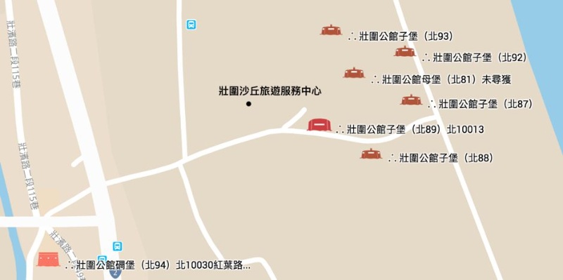 圖3：地區之軍事遺構分佈位置。 本研究繪製標示，底圖引用 Google Maps。
