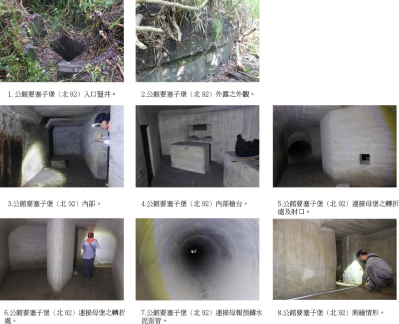 圖5：1.公館要塞子堡(北92)入口豎井 2.公館要塞子堡(北92)外露之外觀 3.公館要塞子堡(北92)的內部 4.公館要塞子堡(北92)內部槍台 5.公館要塞子堡(北92)連接母堡之轉折處及射口 6.公館要塞子堡(北92)連接母堡之轉折處 7.公館要塞子堡(北92)連接母堡預鑄水泥涵管 8.公館要塞子堡(北92)工作人員在裡面測繪紀錄情形。