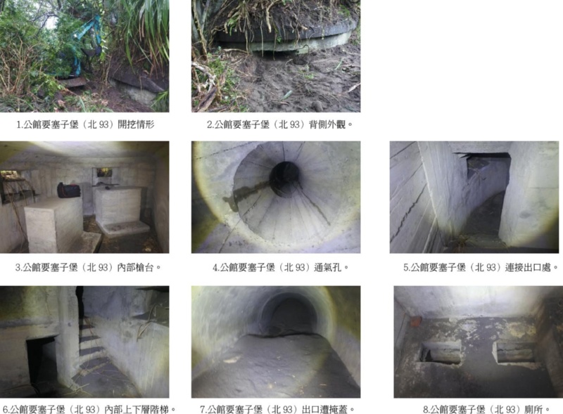圖6：1.公館要塞子堡(北93)開挖情形 2.公館要塞子堡(北93)背側外觀 3.公館要塞子堡(北93)內部槍台 4.公館要塞子堡(北93)通氣孔 5.公館要塞子堡(北93)連接出口處 6.公館要塞子堡(北93)內部上下層階梯  7.公館要塞子堡(北93)出口遭掩蓋 8.公館要塞子堡(北93)的廁所。