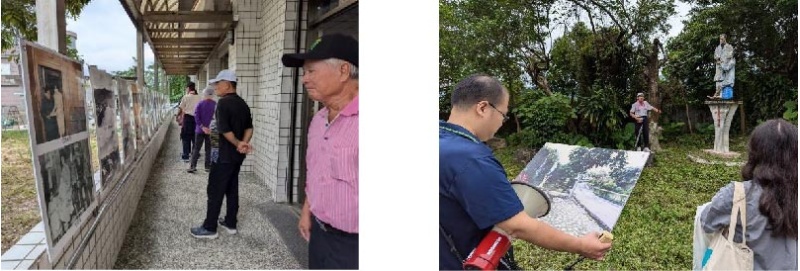 圖 4：社區活動中心展示丸山老照片（左）      圖 5：透過老照片對照來講解丸山故事（右）。