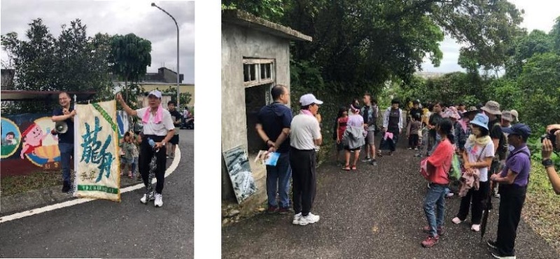 圖 6：簡建明組長分享今年社區找出的龍舟賽季軍旗幟（左）圖 7：張文斌老師、簡建明組長運用老照片分享療養院歷史(右)。