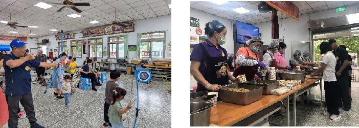 圖 13：參與民眾體驗射箭趣味遊戲(左)       圖 14：享用社區傳統風味午餐(右)。