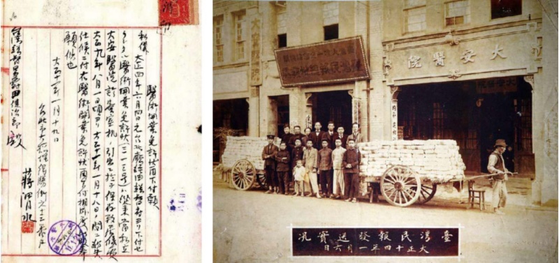 圖3：左圖為蔣渭水開業執照申請書 取自《台灣總督府檔案》00003463003 號； 右圖為台灣民報發送時紀念拍照，蔣渭水文化基金會提供。