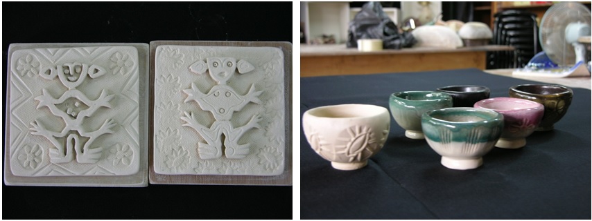 左圖：降溫：置於窯內需2天。 / 右圖：出窯後即為成品（製作系列商品之三－杯組）。