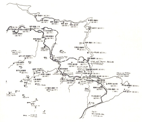 嶐嶺古道與鐵路位置圖（實線為古道，虛線為鐵道）摘自《嶐嶺及草嶺古道人文史蹟、自然資源調查報告》