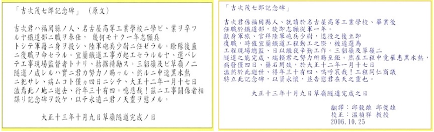 吉次茂七郎紀念碑碑文中日文對照