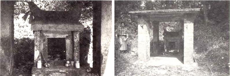 左圖：水尾土地公廟，屋頂上增建的頂蓋保護，有別於其他地方土地公廟。 （圖片來源：《嶐嶺及草嶺古道人文史蹟、自然資源調查報告》） / 右圖：水尾土地公廟全貌。 （圖片來源：《嶐嶺及草嶺古道人文史蹟、自然資源調查報告》）