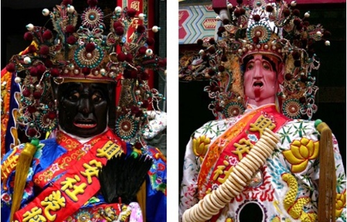 圖五、圖六：蘭陽地區從冥神信仰發展出來的大神尪一開始是以謝、范將軍為主，日後隨著更多社團加入城隍爺或東嶽大帝出巡遶境活動，組裝的大神尪種類也逐漸增多。