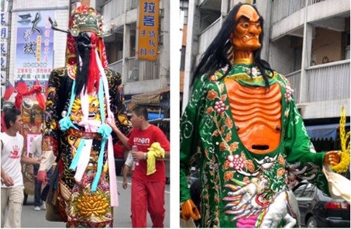 圖八、圖九：由於宜蘭地區早期較為大型的神明遶境活動就是以城隍廟與東嶽廟為主，其所形構完整的冥司系統大神尪，自然是其他縣市之廟宇所不能及。
