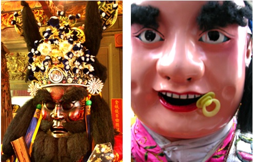 左圖：臉部表情的處理上，鍾馗嚴肅莊重。 / 右圖：童子笑口常開、稚氣未脫。