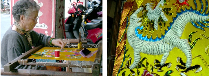 左圖：大神尪服飾來說立面繡樣有寶塔及龍、虎、麒麟等動物，立面繡樣的處理是先以棉花鋪於畫樣上，接著使用棉線固定。 / 右圖：為增加立體感，師傅會使用粗棉線縫製於上層，最後再使用金銀蔥線將圖樣繡滿。