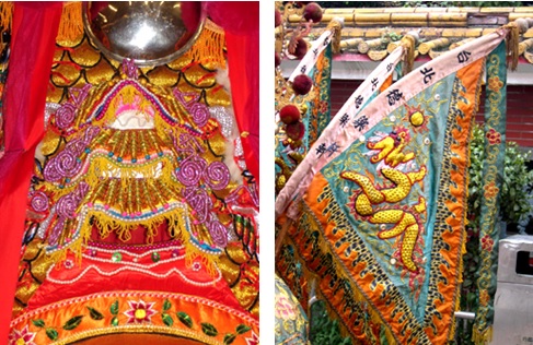 左圖：胸前開窗處繡寶塔式樣 / 右圖：背上配飾的五方旗，前後兩面皆繡龍紋。
