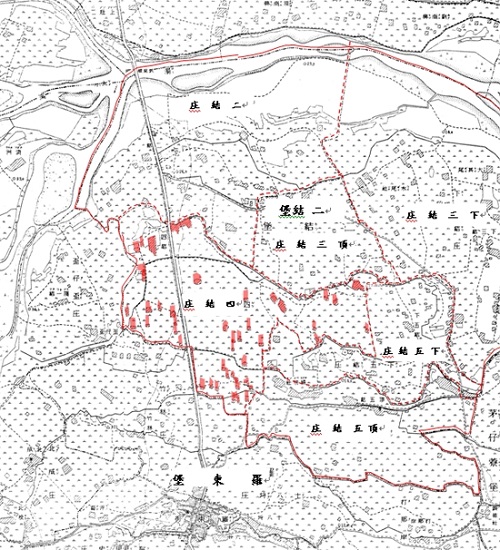 二結庄與四結庄。底圖：《臺灣堡圖》，臨時臺灣土地調查局測繪，1904年