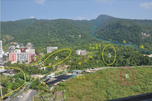 圖6編號1至6山丘地貌現況。（2009年9月從山泉旅館頂樓拍攝）
