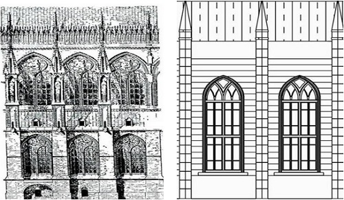 左圖：法國藍斯大教堂〈REIMS,CATHEDRAL of NOTRE-DAME〉扶壁 / 右圖：聖母升天堂立面