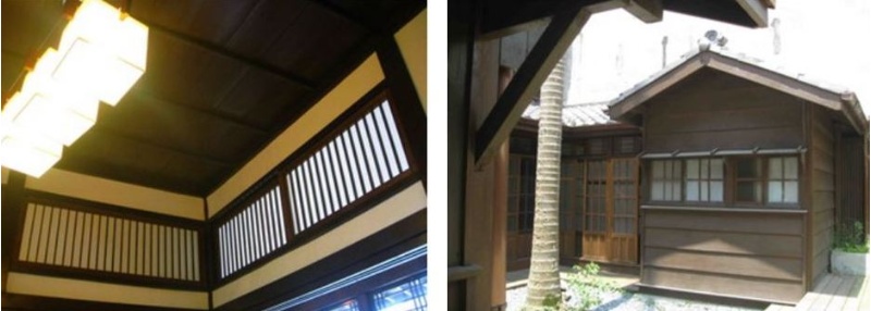 左：「天花」即是有如棋盤格子的平頂天花板 / 右：雨淋板在台灣始見於日治時期，以木板層層層重疊，呈水平狀釘在樑柱上，形成外牆，具有防水及隔熱功能