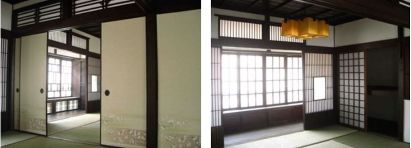 左：二層3個主要室內空間，只以木骨糊紙的不透光襖子門作為隔間 / 右：障子門除下部木板面，其上部細木格櫺分隔貼紙、中間玻璃，讓入緣側的陽光透過紙門，轉換成優雅的光影進入內部空間