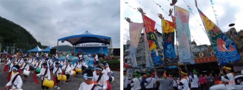 左：油桶鼓打擊 / 右：大漁旗上通常會有魚的圖案，並寫著「祝大漁」三個大字