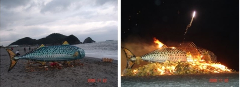 即將火化的大鯖魚模型與火化情景