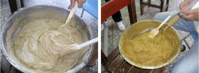 左：在過篩完成的糯米糊中加入過篩的米糠粉攪拌，再加入熟石灰及食鹽拌勻，熟石灰為幫助固化，食鹽則可保濕 / 右：最後須慢慢加水調整糯米糊料之稠度，約可用塑膠袋或擠花袋擠出的程度。糯米糊料製作完成之狀態，冷藏約可放5至7天
