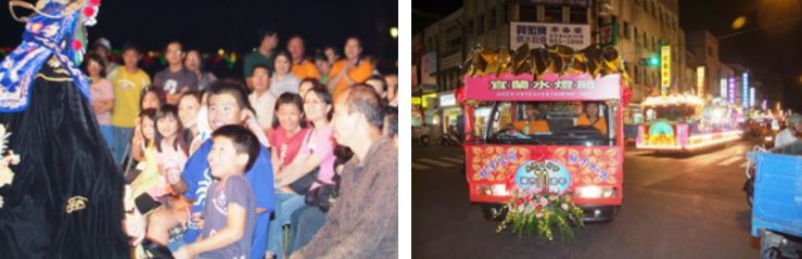 左：變臉秀 / 右：慶祝宜蘭市建市70週年的花車