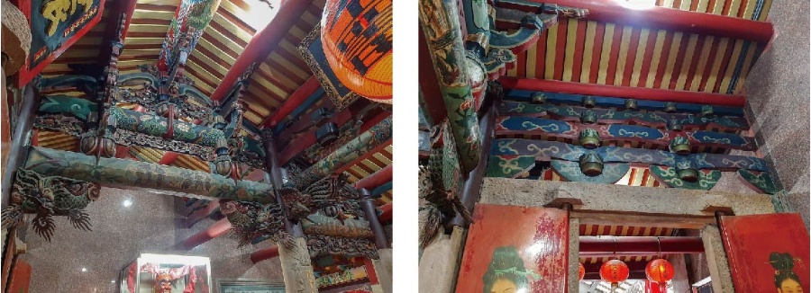 左 : 慶元宮疊斗式屋架。(張恆瑞 攝) / 右 : 慶元宮三川殿石牆上方以木構件承接屋頂。 (張恆瑞 攝)