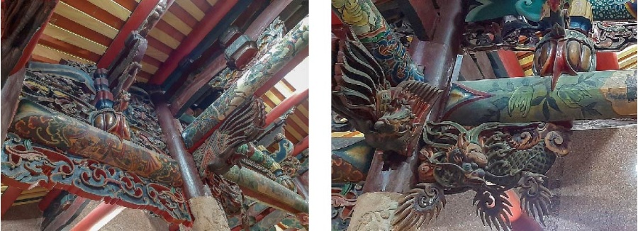 左 : 慶元宮木構件的雕刻及彩繪圖。(張恆瑞 攝) / 右 : 慶元宮飛鳳、鰲魚造型的插角。(張恆瑞 攝)