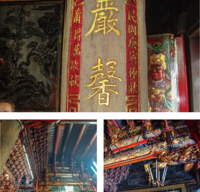 上 : 點金柱為舊廟石柱，落款年代清晰可見。(張恆瑞 攝) / 左 : 金威廟大木結構。(張恆瑞 攝) / 右 : 木構件彩繪。(張恆瑞 攝)