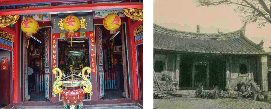左 : 慶安堂大門為三關六扇門。(張恆瑞 攝) / 右 : 慶安堂舊貌(1954 年)。( 宜蘭縣史館提供)