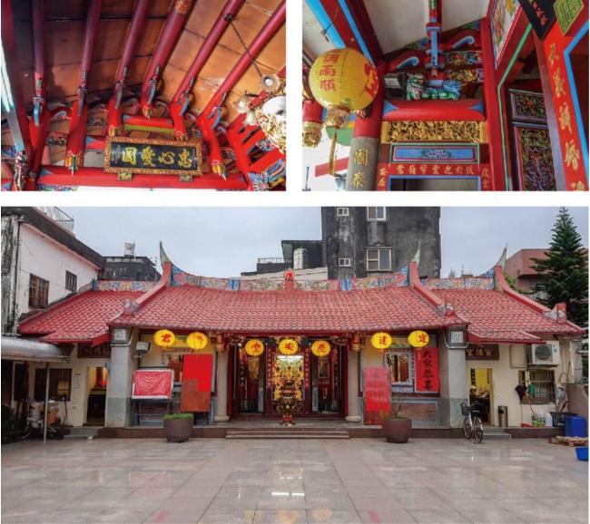 左 : 慶安堂大木架構。(張恆瑞 攝) / 右 : 簷廊處可見獅座、垂花、雀替等木雕構件。(張恆瑞 攝) / 下 : 慶安堂今貌。(張恆瑞 攝)