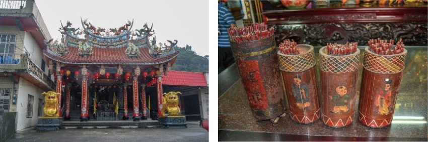左 : 紫霄宮。(張恆瑞 攝) / 右 : 神農廟藥籤筒。(張恆瑞 攝)