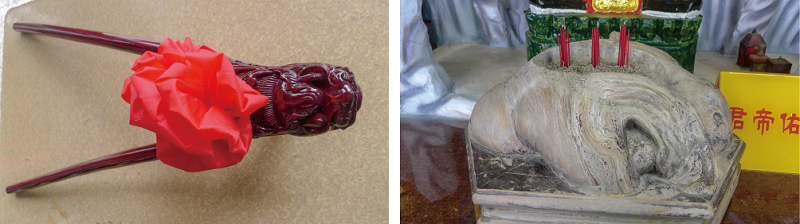 左：大修宮剛上新漆的古鸞筆。 / 右：大修宮樹瘤雕製的古香爐。(張恆瑞攝)