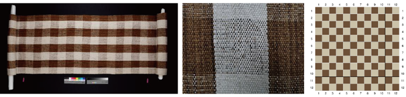 左：平織紋織品藏品 / 中：平織紋織品細部 / 右：平織紋繪製圖樣