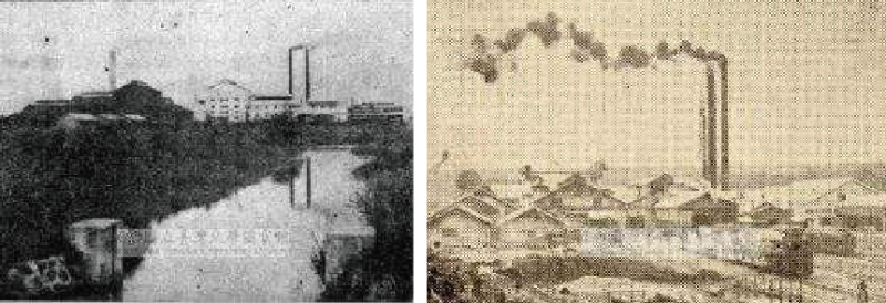左：1927 年，臺南製糖株式會社宜蘭製糖所製紙工場全景。資料來源：臺灣大學圖書館。 / 右：1926 年，臺南製糖宜蘭工場全景。 資料來源：臺灣大學圖書館。