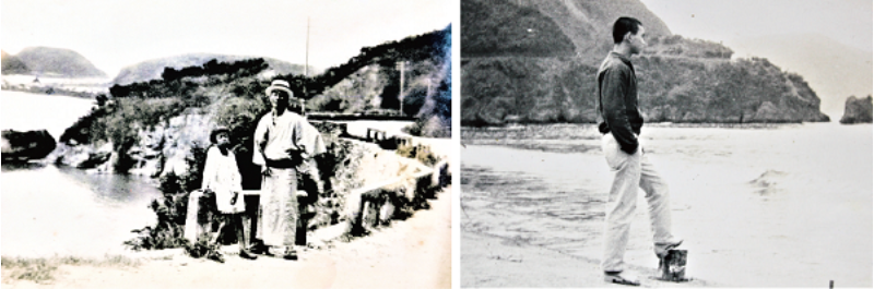 左：日本時代，可從蘇南公路南方澳橋俯瞰「親不知、子不知」斷崖及南方澳漁港。（宜蘭縣史館典藏） / 右：1970 年代以前，可從南方澳沙灘（日本時代海水浴場） 對望「親不知、子不知」斷崖。（陳財發提供）