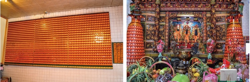 左：靈山寺壁龕型光明燈。(張恆瑞 攝) / 右：中崙中興廟塔型光明燈。(張恆瑞 攝)