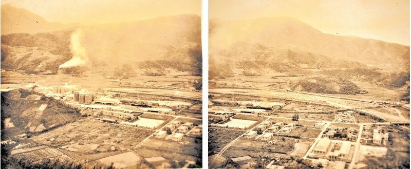 左：戰後初期的台泥蘇澳廠生產煙囪只有一支。（宜蘭縣史館典藏） / 右：白米溪對岸盡是一片人煙稀疏、旱田耕植的丘陵地。（宜蘭縣史館典藏）