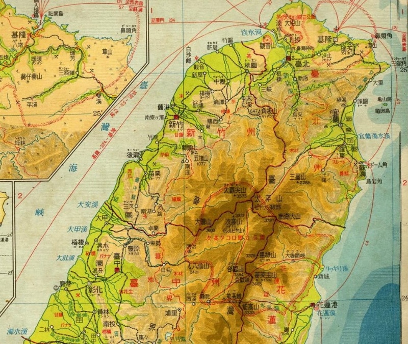 1941年臺灣地圖中所見宜蘭線鐵道、森林鐵道、輕便鐵道。