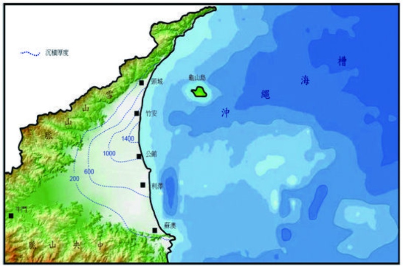 圖1-2-6 蘭陽平原地下沈積物厚度及外海地形之等值線圖。 （來源：綜整資料後由張政亮繪製）