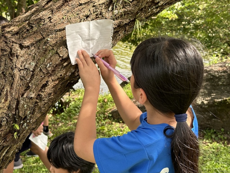 同學在園區中，先以筆記紙作觀察紀錄。