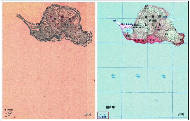 圖三，不同時期龜山島地區之地形圖。 （來源：中研院百年地圖網站）