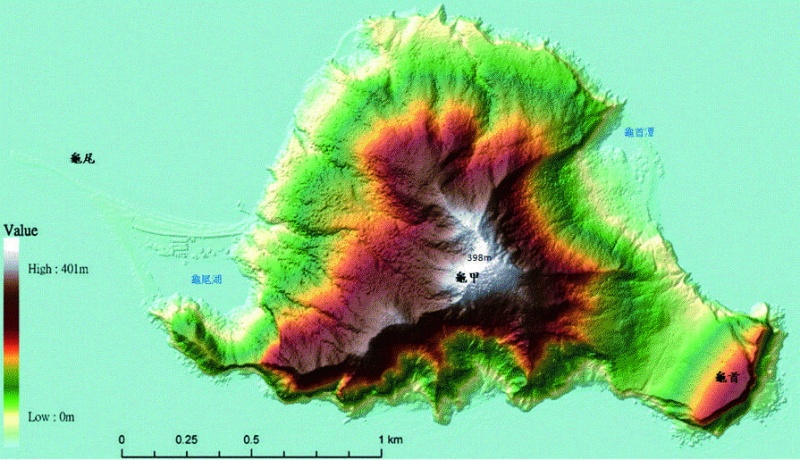 圖四，LiDAR所製作龜山島3D地形模型及其地形特徵分析(一)。（來源：中央地調所，2005；謝有忠，2015 ）