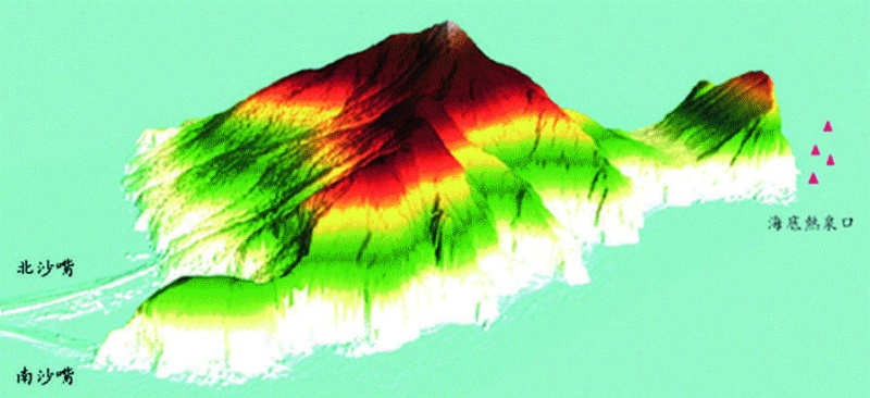 圖五，LiDAR所製作龜山島3D地形模型及其地形特徵分析(二)。（來源：中央地調所，2005；謝有忠，2015 ）