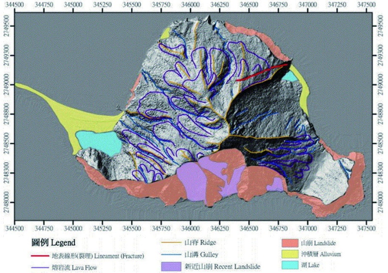 圖六，LiDAR所製作龜山島3D地形模型及其地形特徵分析(三)。（來源：中央地調所，2005；謝有忠，2015 ）