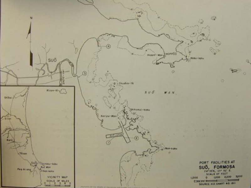 圖三，蘇澳碼頭與港口設施線描圖。(來源：美國國家檔案館（NARA）)