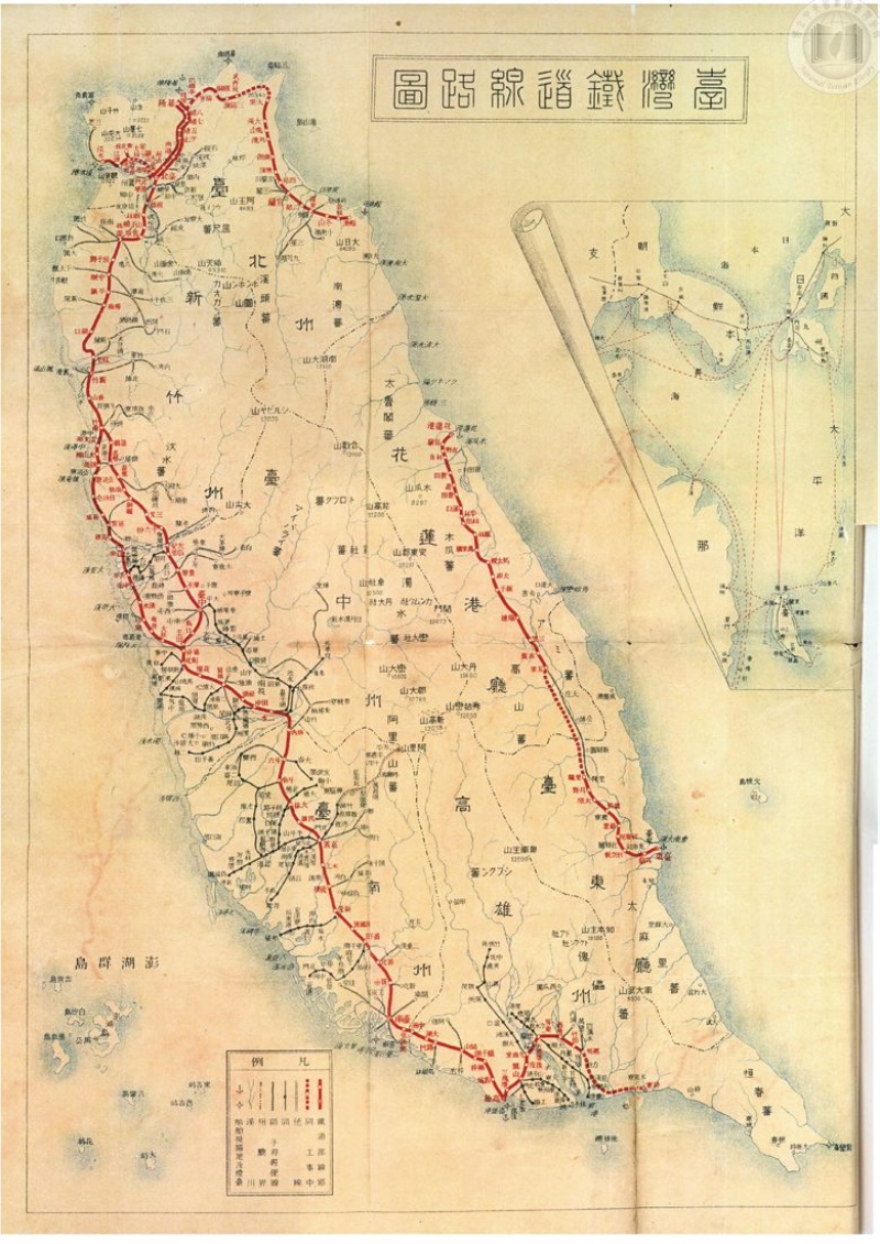 圖四，台灣鐵道線路圖，取自1932年，《鐵道旅行案內》，臺北 : 臺灣總督府交通局鐵道部。