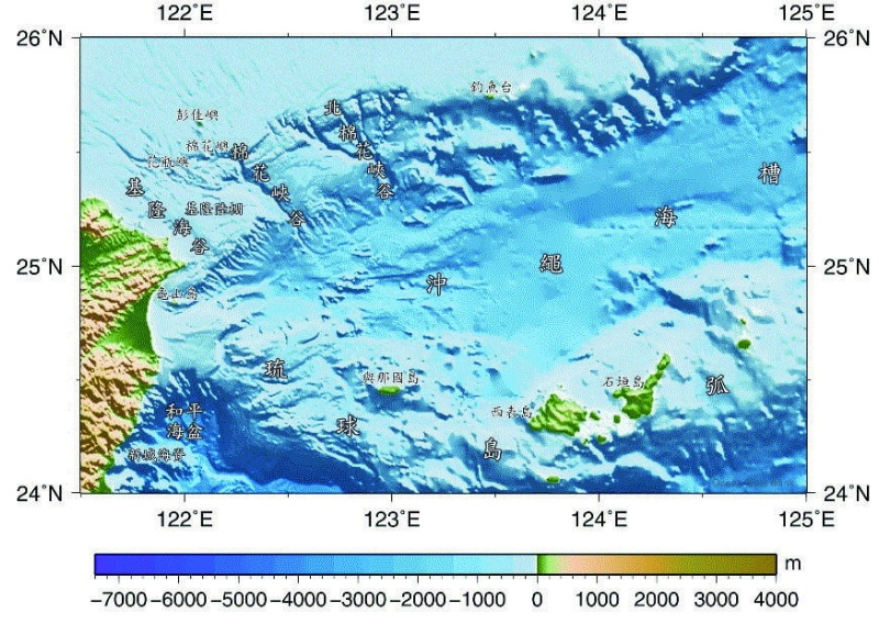 圖2：臺灣北部及釣魚臺的海底地形圖。 （來源：科技部海洋學門資料庫）