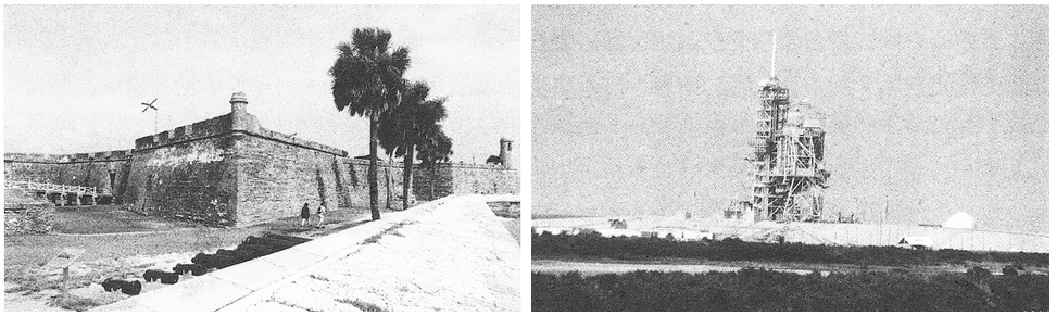 左圖為聖奧古斯丁歷史城的十六世紀古堡。/右圖為甘迺迪太空中心的太空梭發射台。陳財發攝