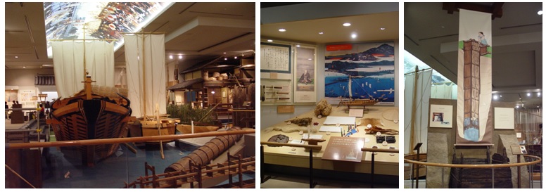 由左至右依序為『展示室B：人類與琵琶湖的歷史』港口全景/水運的發展/治水、疏通水路技藝的變遷。