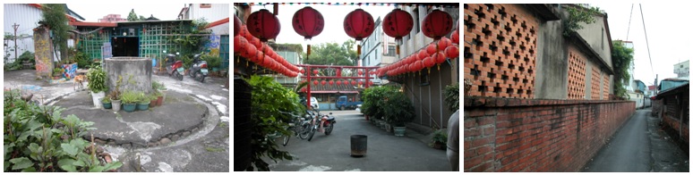 巷弄生活空間一瞥：由左至右依序為鄂王里的水井埕院、中正里通往普濟寺的巷道、菜園裡的徐家主宅屋側安文土路(吳亭樺攝)